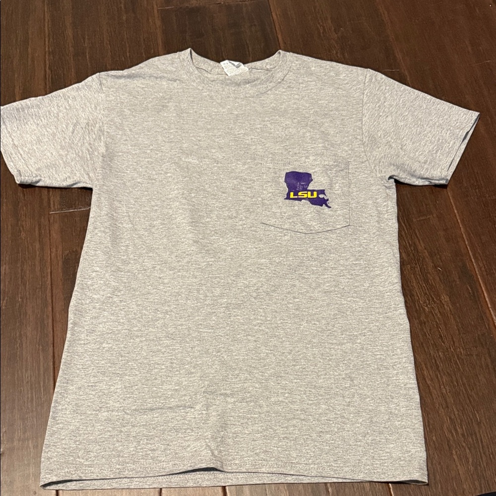 Fruit of the Loom Grey Short Sleeve Pocket T-Shirt with Purple & Gold LSU Logo